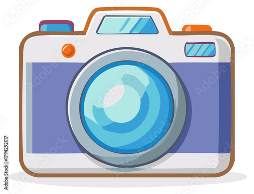 Illustration of a retro cartoon style camera with lens and flash