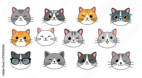 Collection of adorable cartoon cat heads showing a variety of cute expressions like winking, smiling, and wearing stylish glasses.