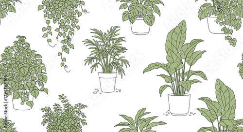 Seamless pattern featuring a variety of green indoor plants in simple pots, illustrated in a clean, minimalist line art style.