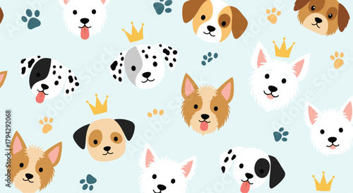 Adorable seamless pattern of various cartoon dog faces, including dalmatians and terriers, with crowns and paw prints on a blue background.