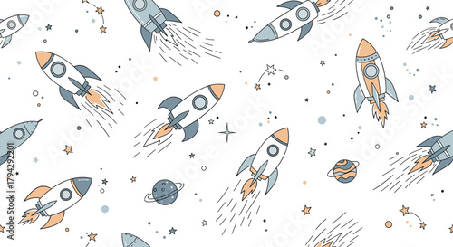 Cosmic seamless pattern of hand-drawn cartoon rockets, planets, and stars flying through space on a clean white background.