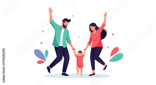 Joyful young family with a mother and father holding their baby's hands, helping the toddler to take its very first steps.