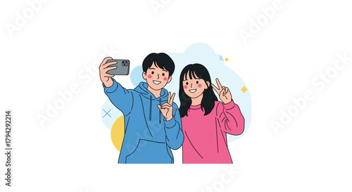 Happy young cartoon couple taking a selfie together with a smartphone, both smiling and making the V-for-victory peace sign.