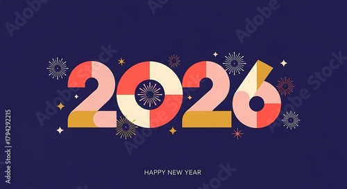 Vibrant and festive 2026 new year celebration graphic featuring bold colorful numbers surrounded by abstract snowflake and starburst elements on a deep purple background