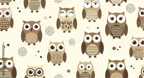 Cute seamless pattern of cartoon brown owls with various expressions and feather patterns on a light beige background with dots.