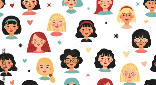 Seamless pattern of diverse, happy female faces with different hairstyles and accessories, celebrating girl power and friendship.