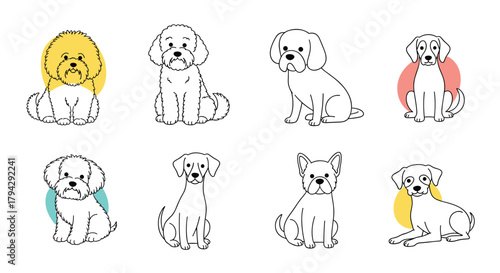 Collection of eight different cute dog breeds illustrated in a simple black and white line art style with colorful circle accents.