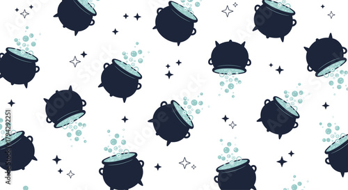 Magical seamless pattern of black witch cauldrons bubbling with green potions, surrounded by twinkling stars on a white background.