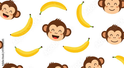 Playful and cute seamless pattern featuring the happy faces of cartoon monkeys and bright yellow bananas on a white background.
