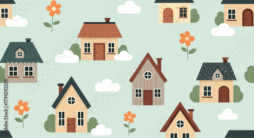 Sweet seamless pattern of cute cartoon houses in a cozy neighborhood with clouds and flowers on a light mint green background.
