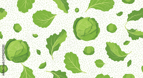 Healthy seamless pattern with fresh green cabbages, brussels sprouts, and lettuce leaves scattered on a textured white background.