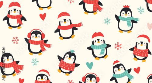 Adorable Christmas seamless pattern with cute cartoon penguins wearing colorful winter hats, scarves, and sweaters with snowflakes.