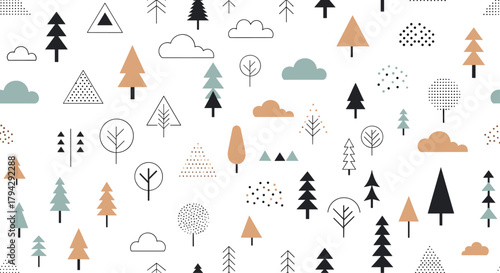 Minimalist seamless pattern of geometric trees and clouds in a modern Scandinavian style with a calm, neutral color palette.