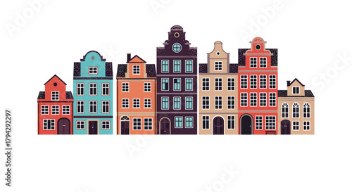 Charming illustration of a row of old, colorful, and detailed European-style townhouses from a historic city like Amsterdam.