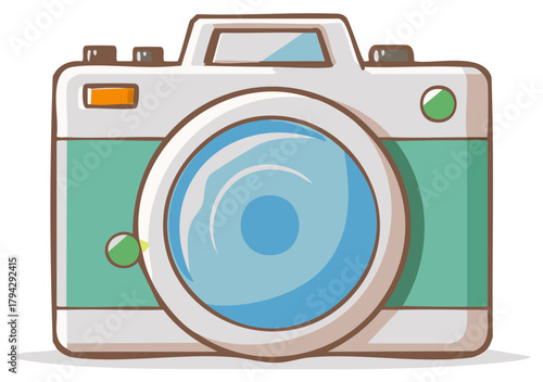 Cute hand drawn illustration of a vintage teal and white photo camera