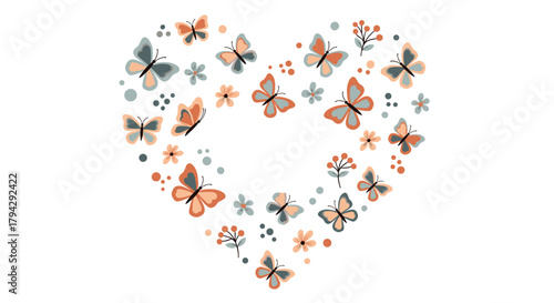 Heart-shaped arrangement made from a delicate collection of small butterflies, flowers, and berries in soft pastel colors.