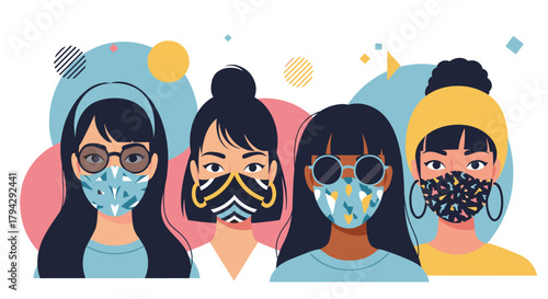 Group of four stylish and diverse young women wearing fashionable, colorful patterned face masks for protection during a pandemic.