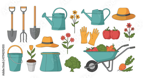 Large collection of colorful cartoon gardening tools and equipment, including a wheelbarrow, shovels, watering cans, and plants.