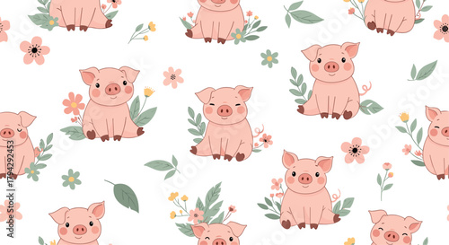 Sweet and gentle seamless pattern of cute little pink pigs sitting happily among delicate flowers and leaves on a white background.