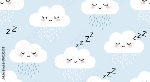 Adorable seamless nursery pattern of cute, sleeping cartoon clouds raining on a soft light blue background with floating Z's.