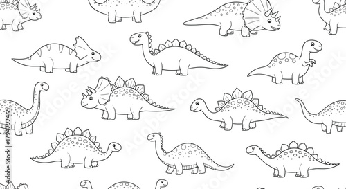 Black and white seamless pattern featuring a variety of cute, hand-drawn cartoon dinosaurs in a simple outline doodle style.