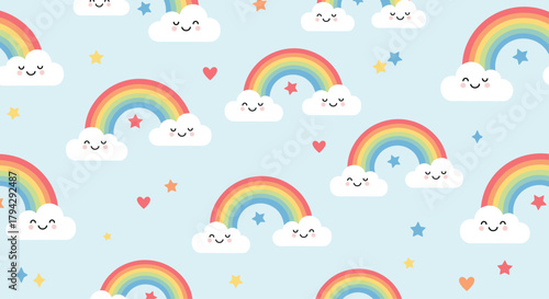 Cheerful seamless pattern with cute smiling clouds, colorful rainbows, stars, and hearts on a bright light blue sky background.