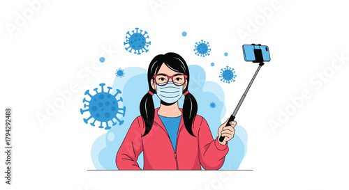 Young woman with glasses and a protective face mask takes a selfie on her phone while surrounded by illustrated virus molecules.