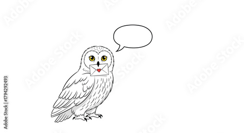 Cute hand-drawn snowy owl delivering a love letter sealed with a heart, with a blank speech bubble for custom text message.