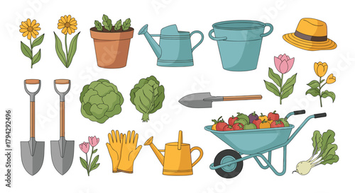 Colorful collection of essential cartoon gardening tools, blooming flowers, and fresh vegetables for planting and harvesting.