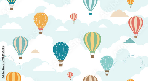 Whimsical seamless pattern of colorful hot air balloons from a vintage era floating peacefully among clouds in a pale blue sky.
