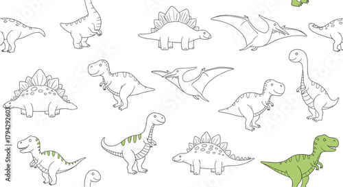 Fun seamless pattern of hand-drawn dinosaurs in a black outline style, with a few filled in with green for a pop of color.