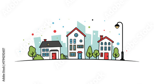 Simple and colorful hand-drawn illustration of a small city street with cute houses, green trees, and a single black lamppost.