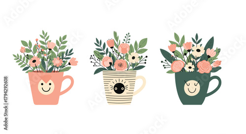 Adorable set of three decorative mugs with cute smiling faces, each filled with a lovely and colorful bouquet of spring flowers.