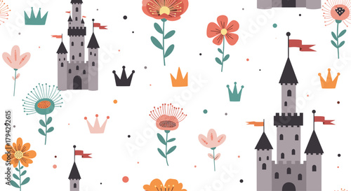 Magical seamless pattern with fairytale castles, vibrant flowers, and royal crowns on a dotted white background. This design is perfect for kids' wallpaper or fabric.