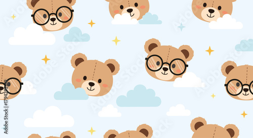 Adorable seamless pattern for nurseries with cute teddy bear faces wearing glasses among clouds and stars on a light blue sky.