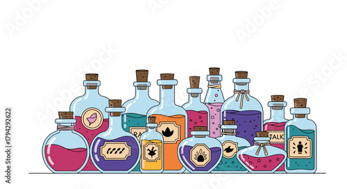 Various colorful magic potions in assorted glass bottles with cork stoppers create a whimsical collection for fantasy themes. This vector illustration features unique labels.