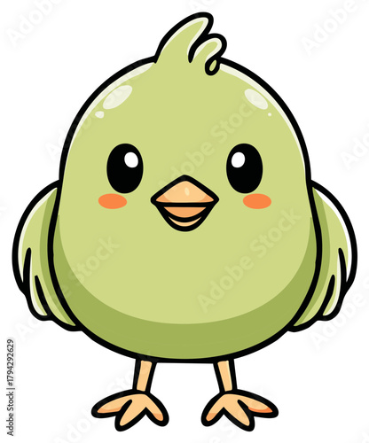 Cartoon illustration of a green baby bird chick standing with rosy cheeks and a happy expression in a flat style