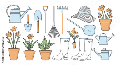 Illustrated set of essential gardening tools and supplies, including watering cans, shovels, a rake, boots, and flowers. This vector collection is perfect for spring themes.