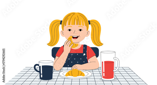 Cheerful young girl with blonde pigtails enjoys a tasty croissant for breakfast. This cute cartoon illustration shows her at a checkered table with a mug and juice.