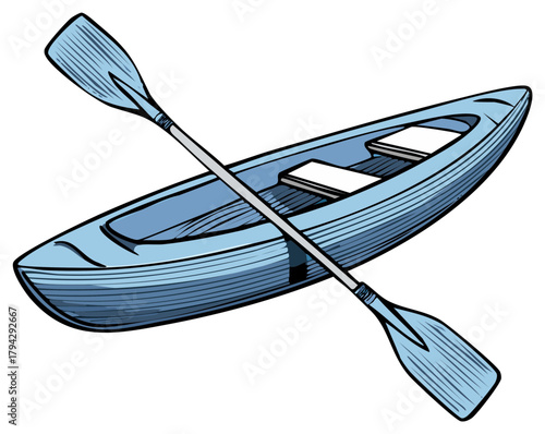 Blue kayak and double bladed paddle vector illustration for summer water adventures