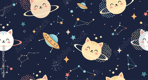 Cosmic seamless space pattern with cute cat faces as planets, UFOs, and constellations. This adorable design is perfect for children's pajamas, fabric, or wallpaper.