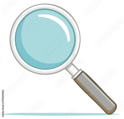 Stylized cartoon magnifying glass with a bright blue lens and grey handle