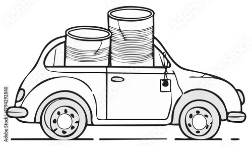 Two large tin cans precariously stacked in the backseat of a vintage open-top cartoon car