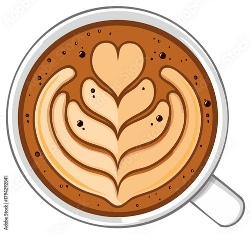 Top view of a coffee cup with heart and rosetta leaf latte art vector illustration