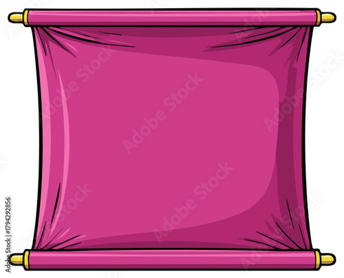 A pink cartoon scroll banner with gold handles a blank template for a message or announcement