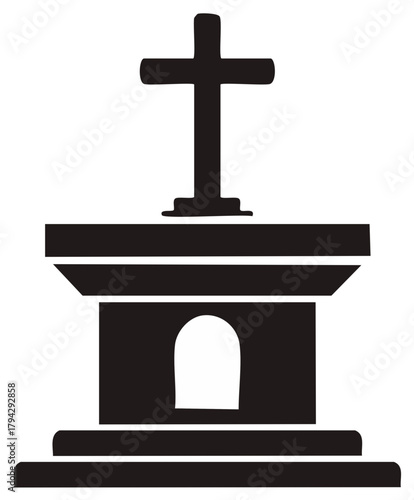 Silhouette illustration of a Christian cross on a pedestal, religious symbol, devotion concept