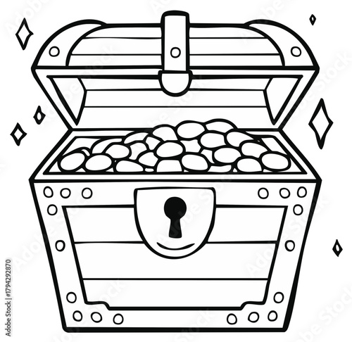 Open Treasure Chest with Gold Coins Cartoon Illustration. Shiny Gems and Keyhole Detail.