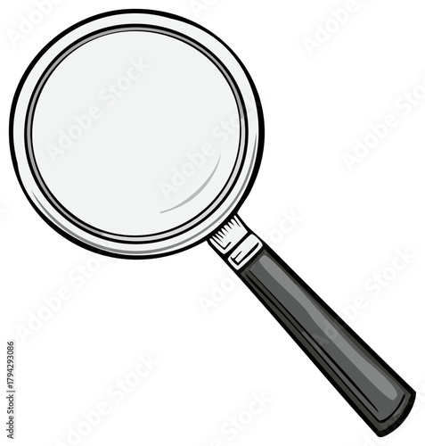 Magnifying glass vector illustration of a simple research concept with a gray handle.