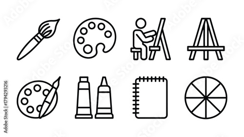 Art supplies and tools icon set for creative projects