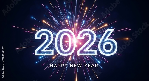 Vibrant 2026 happy new year celebration with glowing neon numbers and a dazzling explosion of colorful fireworks and light streaks against a dark background